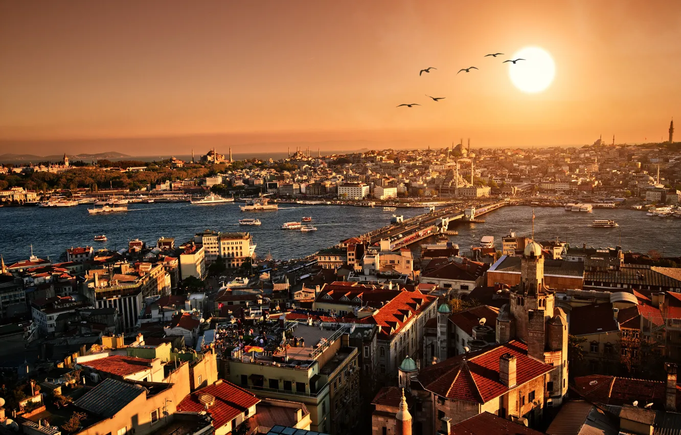 Фото обои закат, city, город, здания, вечер, панорама, архитектура, Стамбул