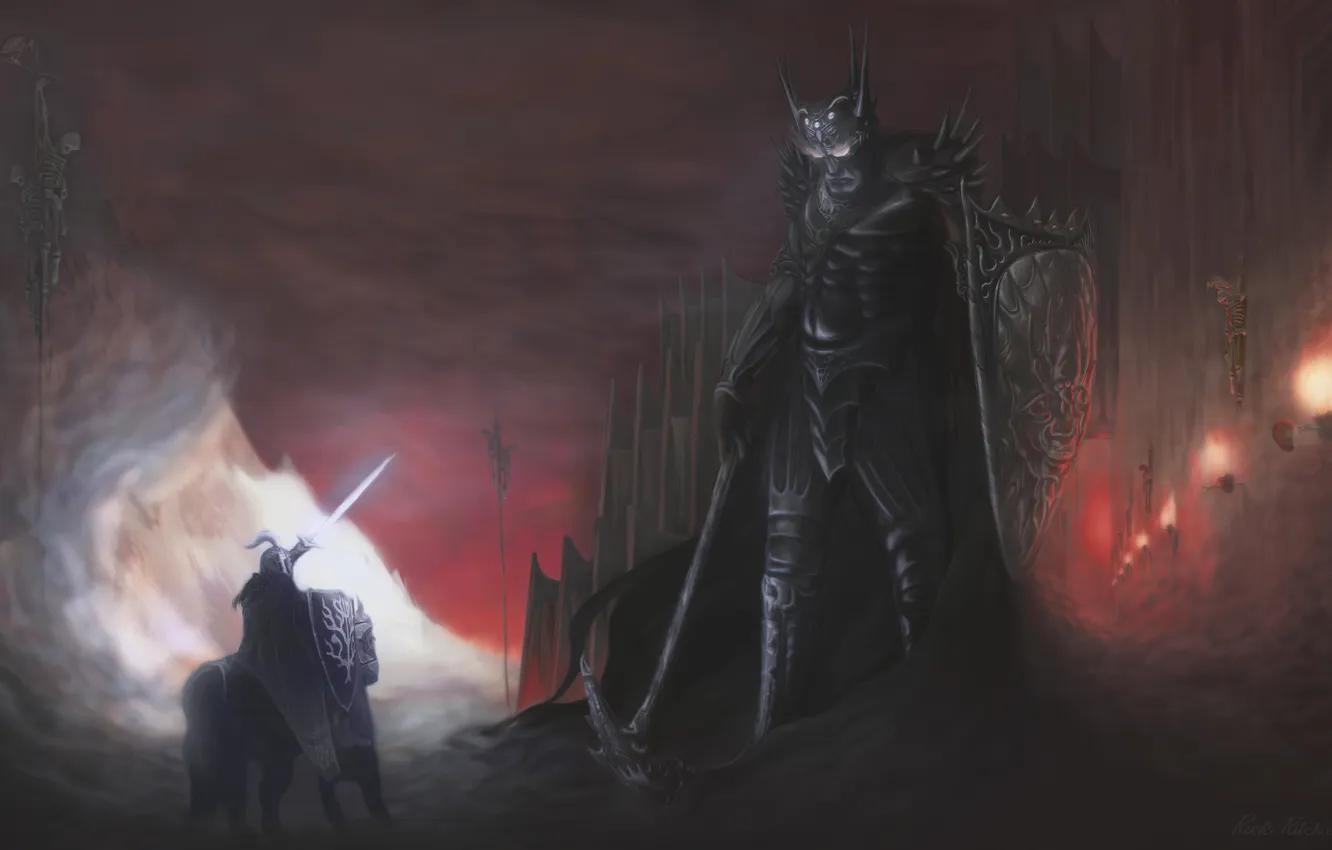 Фото обои оружие, стены, доспехи, гигант, крепость, факелы, скелеты, Рыцарь