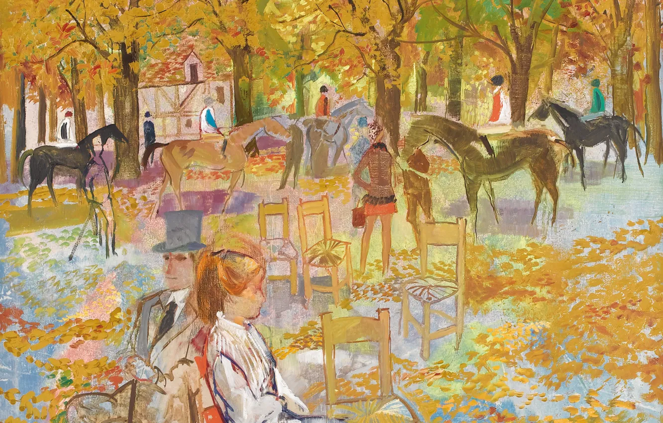 Фото обои осень, деревья, парк, люди, картина, лошади, городской пейзаж, Emilio Grau Sala