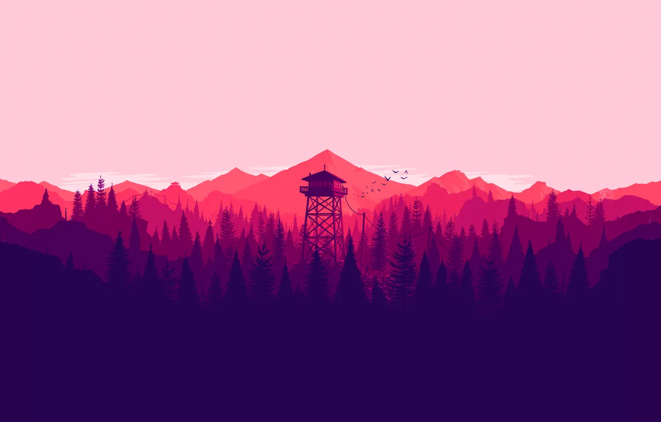 Фото обои white, tower, trees, pink, mountain, birds, purple, violet