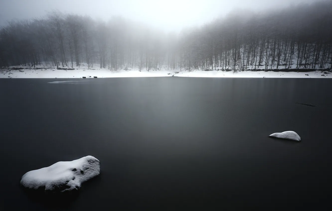Фото обои зима, туман, озеро