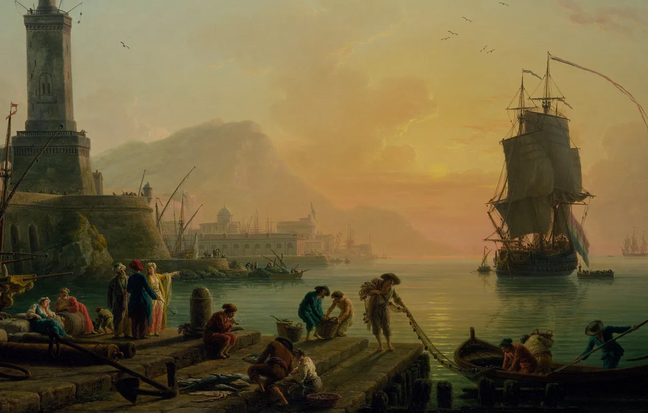 Фото обои картина, живопись, painting, Claude-Joseph Vernet, A Calm at a Mediterranean Port, Клод-Жозеф Вернет, 1770, беспечное …