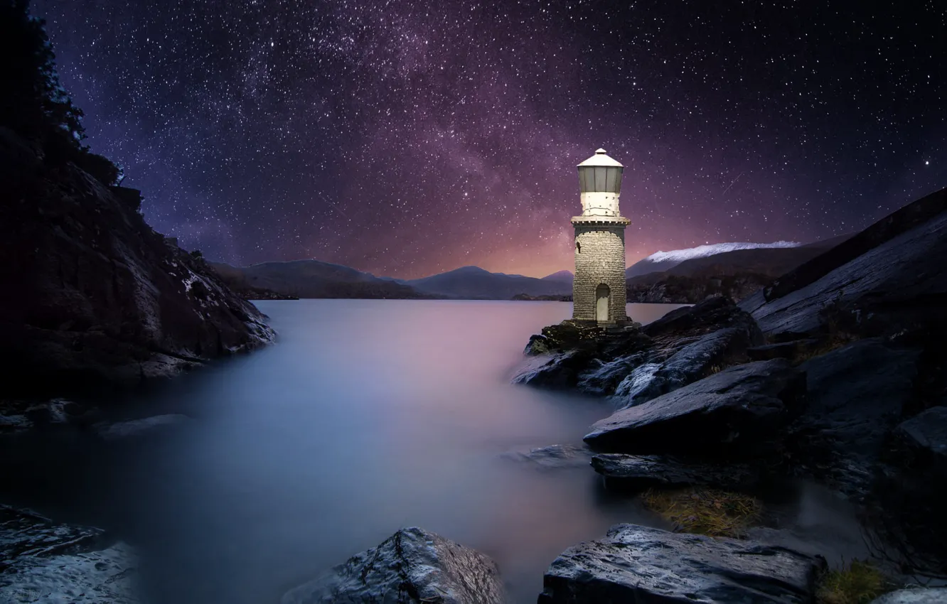 Фото обои небо, пейзаж, ночь, природа, камни, океан, скалы, маяк