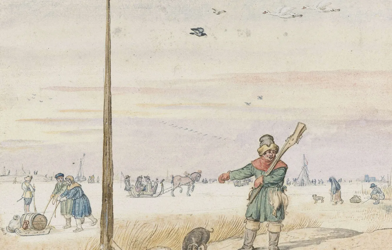 Фото обои рисунок, Хендрик Аверкамп, Hendrick Avercamp, 1595, Охотник на уток
