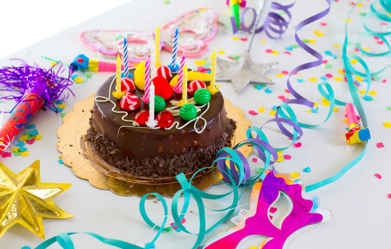 Фото обои свечи, торт, серпантин, happy birthday, с днем рождения