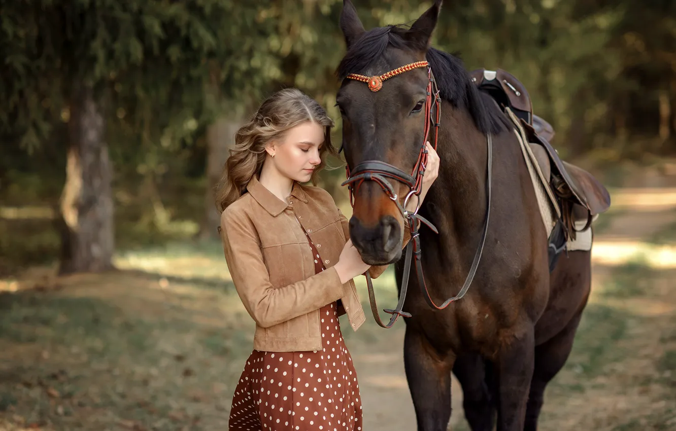 Фото обои девушка, деревья, природа, парк, животное, конь, лошадь, платье