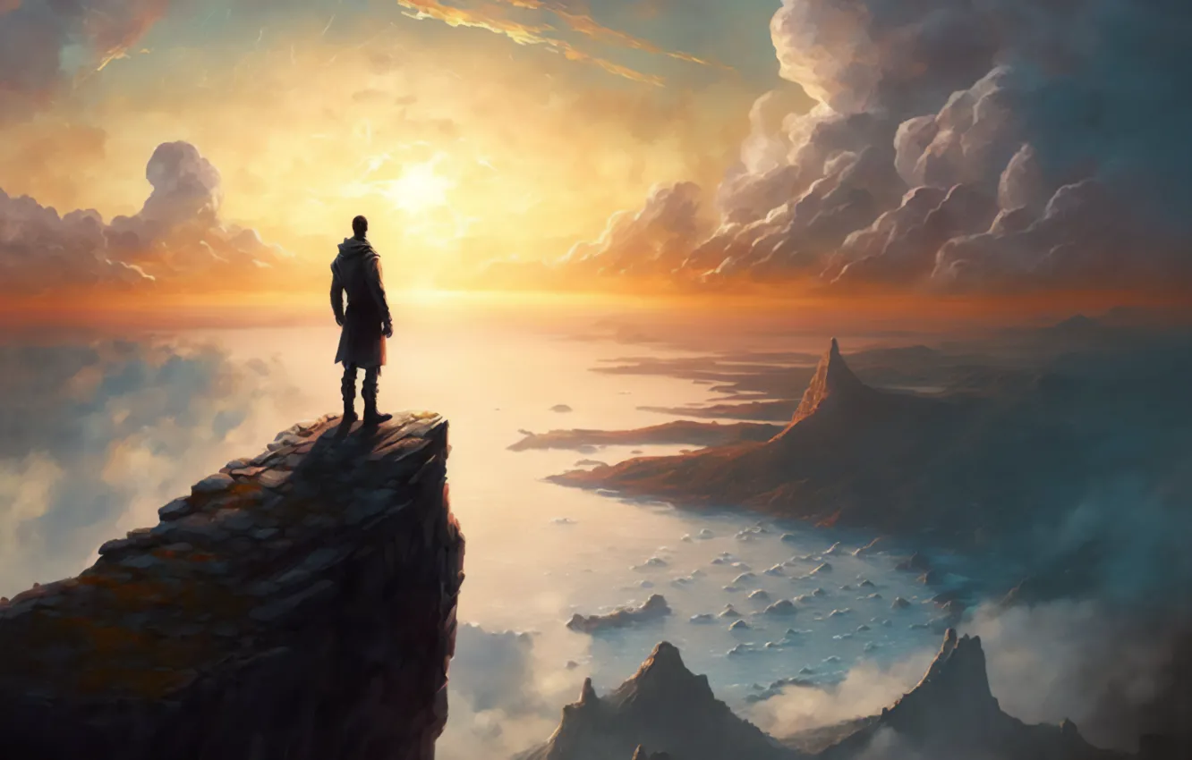 Фото обои облака, скалы, мужчина, живопись, восход солнца, clouds, rocks, man