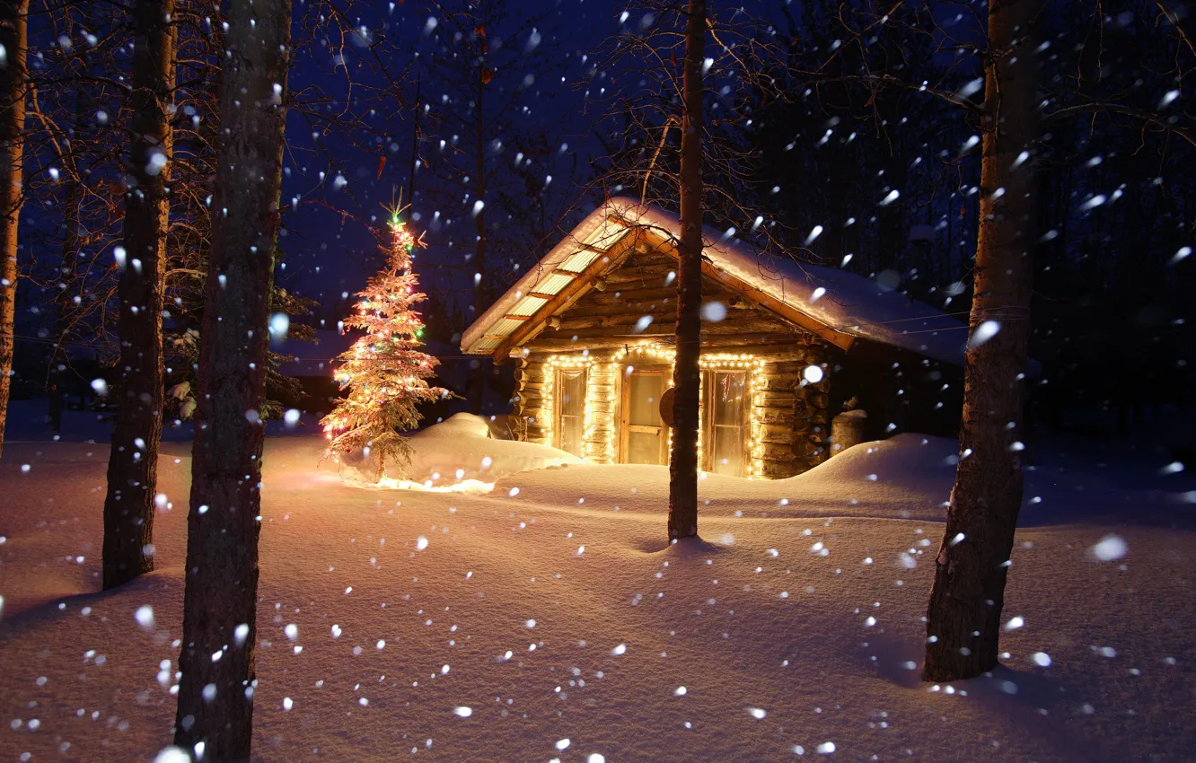 Фото обои Зима, Вечер, Снег, Лес, Домик, House, Winter, Snow