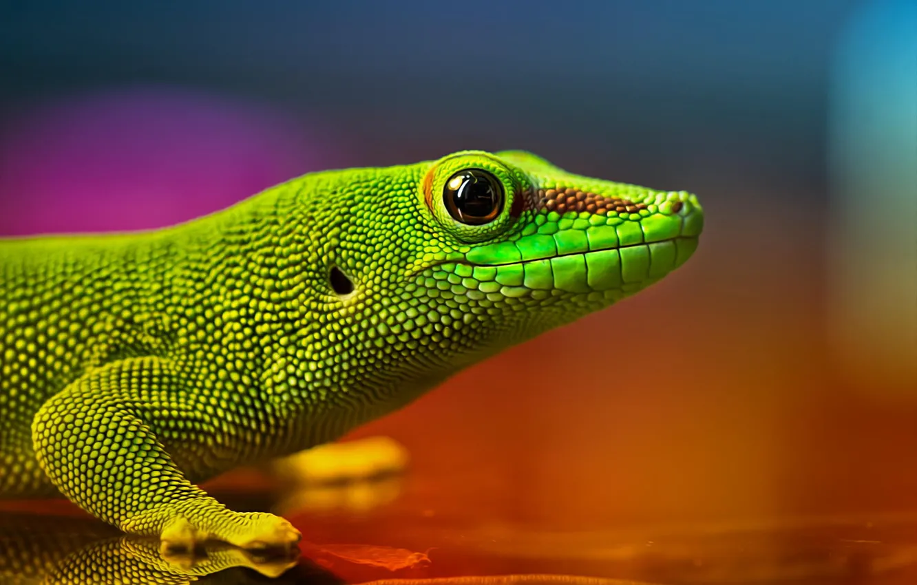 Фото обои Ящерица, зелёная, рептилия, радужные цвета
