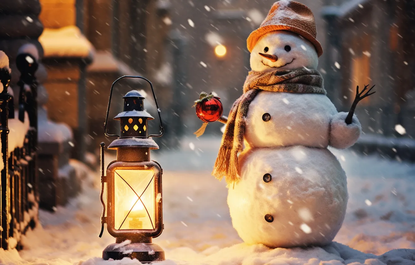 Фото обои зима, снег, Рождество, Новый год, снеговик, Christmas, winter, merry