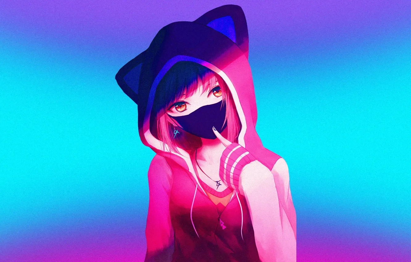 Фото обои неон, аниме, маска, капюшон, жест, anime, neon, digital art