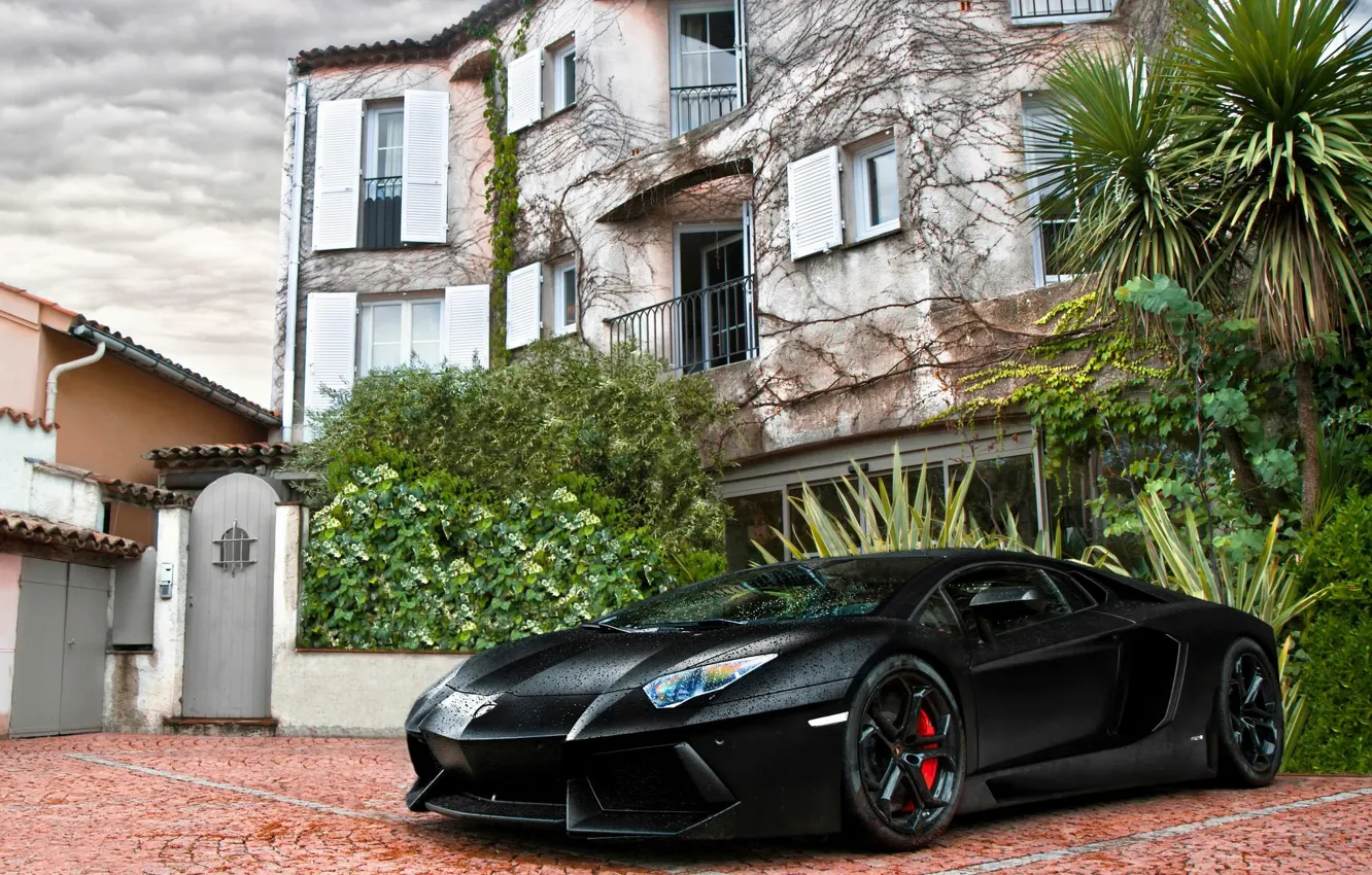 Фото обои Черный, Lamborghini, Дом, LP700-4, Aventador, Авентадор, Спорткар