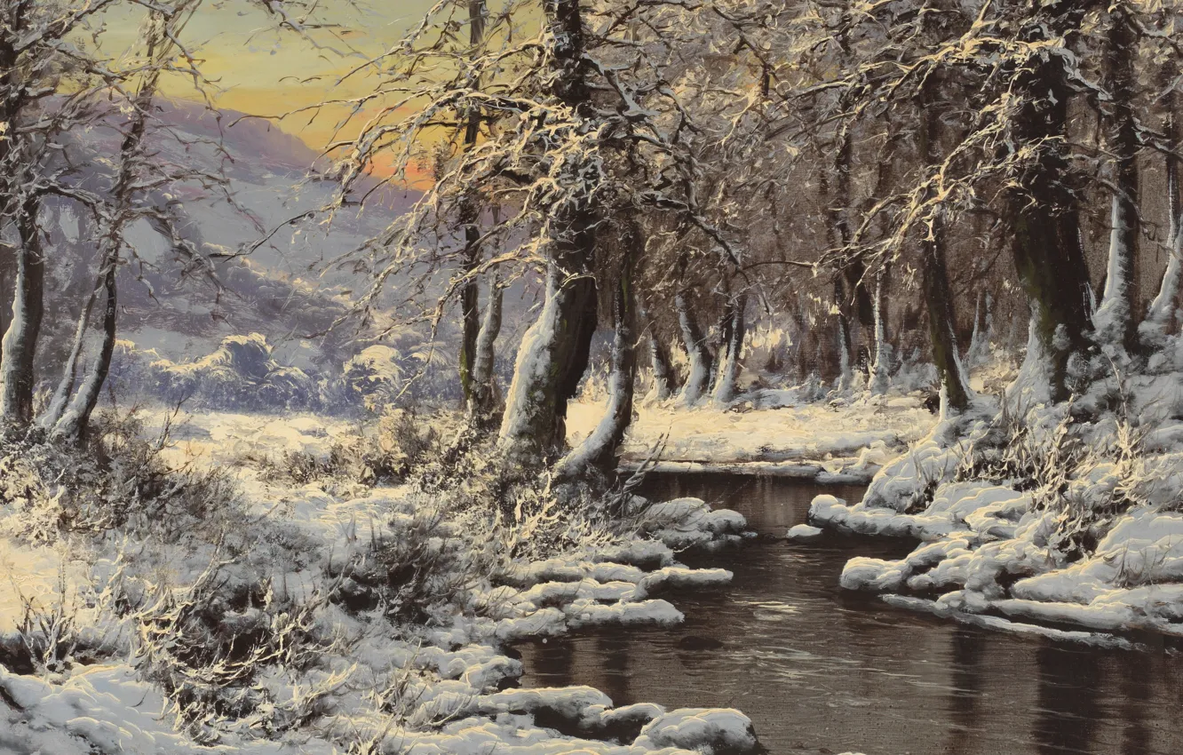 Фото обои Laszlo Neogrady, Hungarian painter, Ласло Неогради, венгерский живописец, Зимний поток, Winter Stream