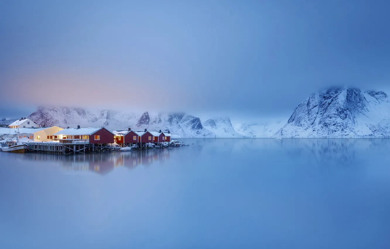 Фото обои море, горы, деревня, Норвегия, домики, Norway, фьорд, Лофотенские острова