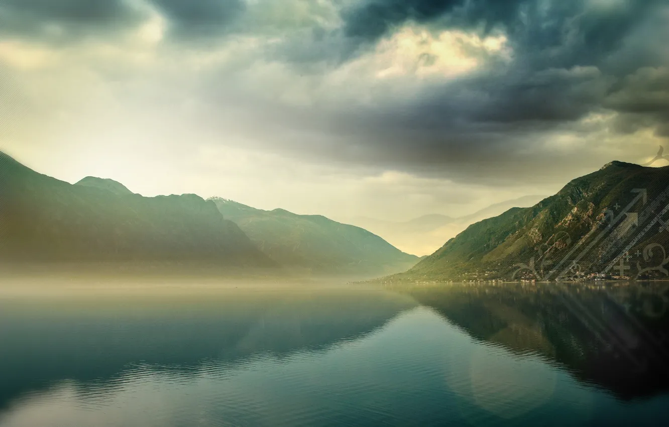 Фото обои вода, облака, горы, озеро, обработка