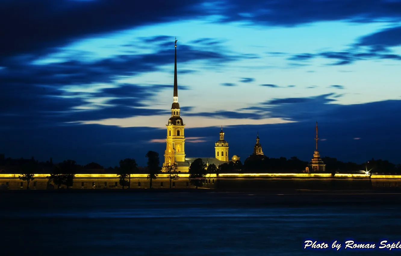 Фото обои ночь, река, Петропавловская крепость, санкт-петербург