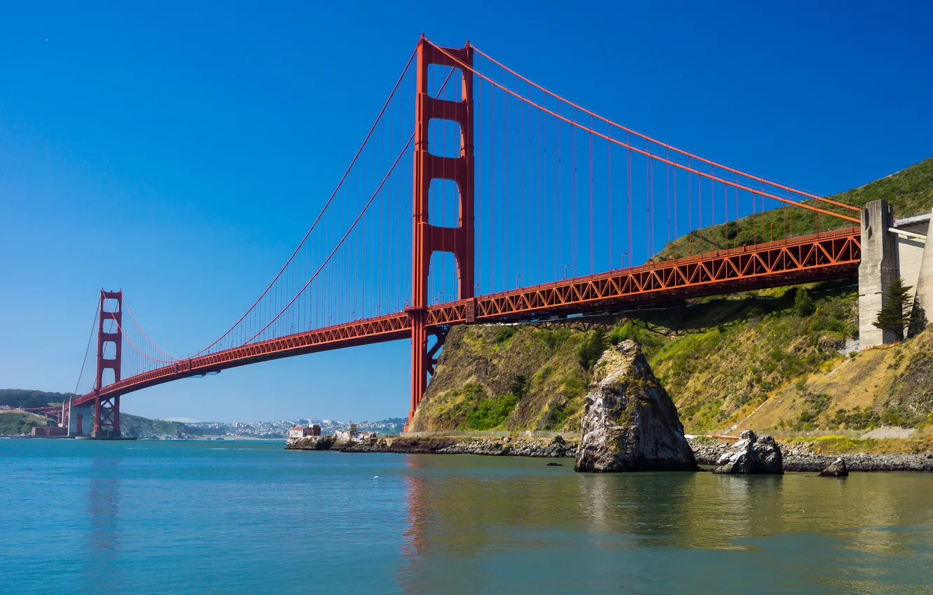 Фото обои небо, мост, залив, Сан-Франциско, Золотые ворота