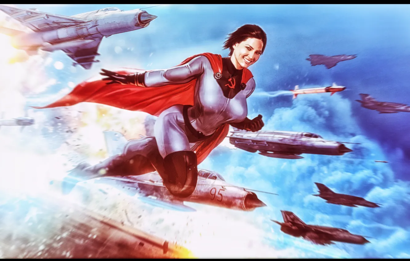 Фото обои небо, девушка, фантастика, самолеты, костюм, плащ, superwoman, Soviet-Superwoman