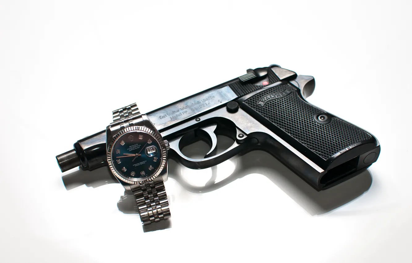 Фото обои пистолет, оружие, часы, Walther, самозарядный, Rolex