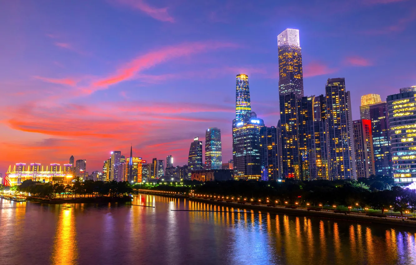 Фото обои city, lights, China, river, skyline, sky, trees, water