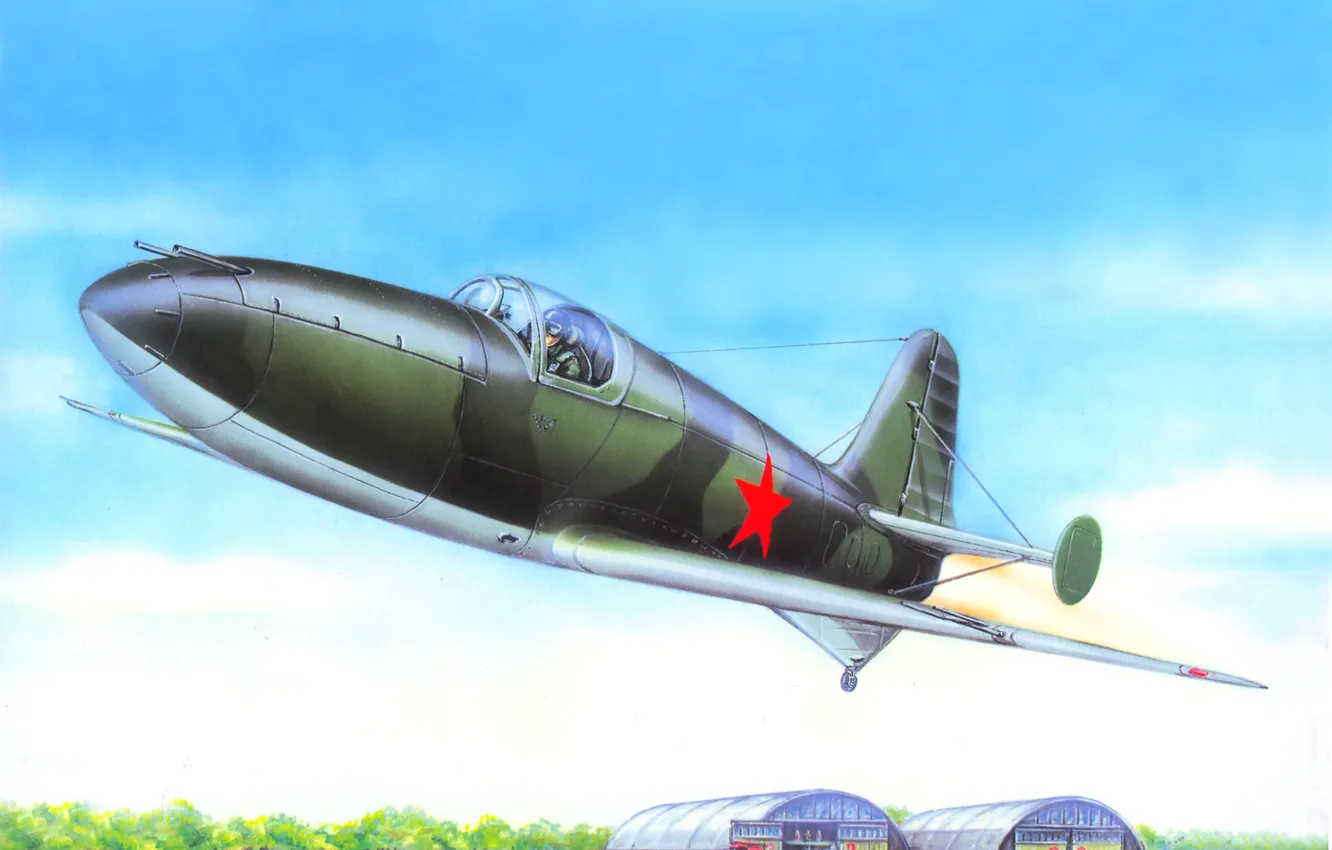 Фото обои небо, арт, самолёт, взлёт, первый, ракетный, советский, БИ-1