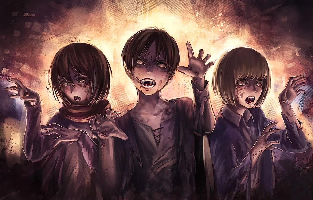 Фото обои zombie, anime, Attack on Titan, Shingeki no Kyojin, Mikasa Ackerman, Eren Yeager, Armin Arlert, Вторжение …