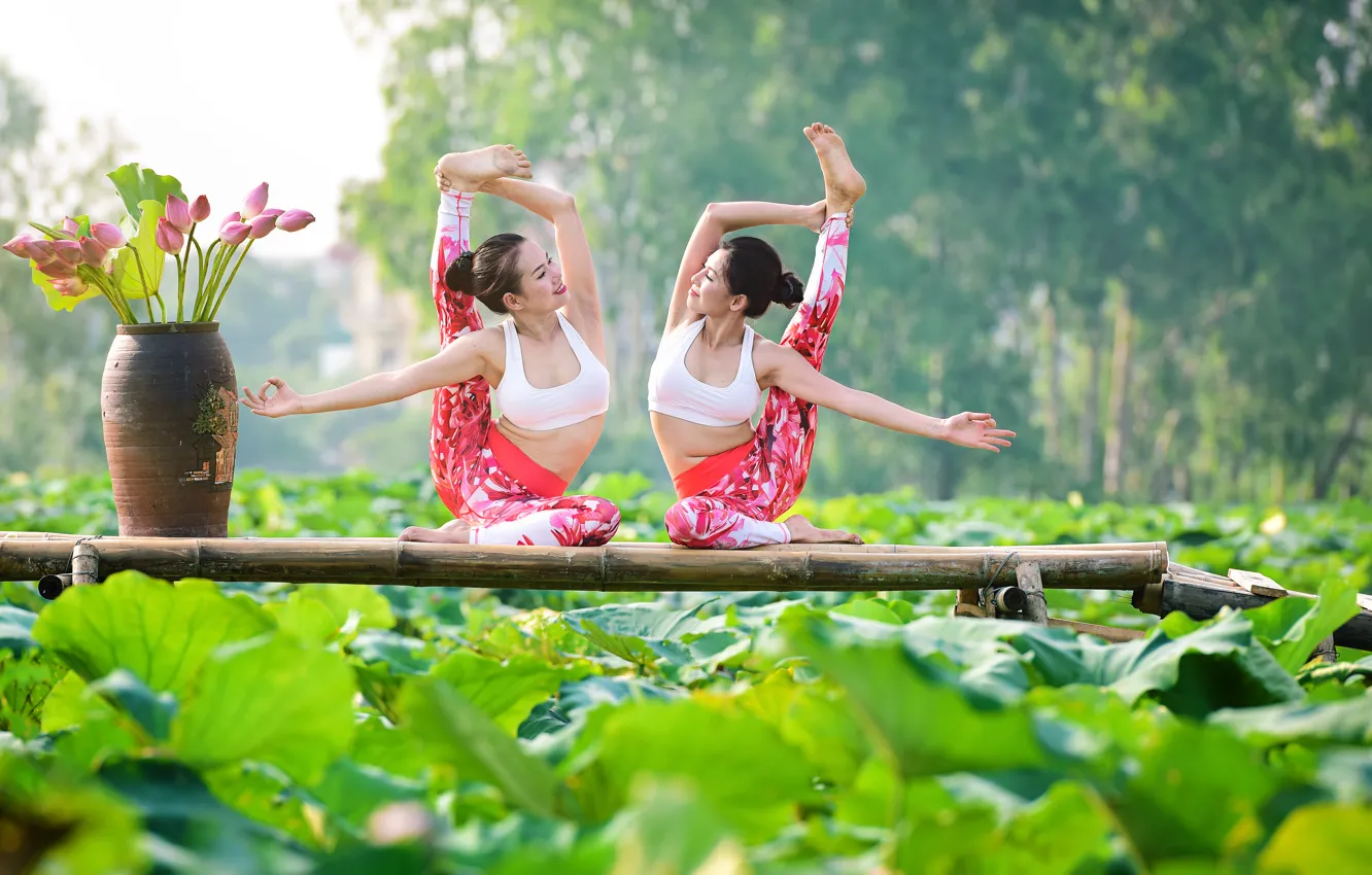 Фото обои лето, природа, девушки, настроение, гимнастика, йога, ножки, азиатки