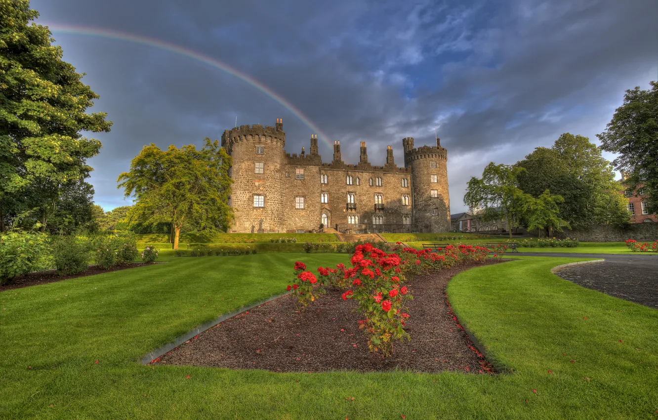 Фото обои цветы, парк, замок, радуга, Ирландия, Ireland, Kilkenny Castle