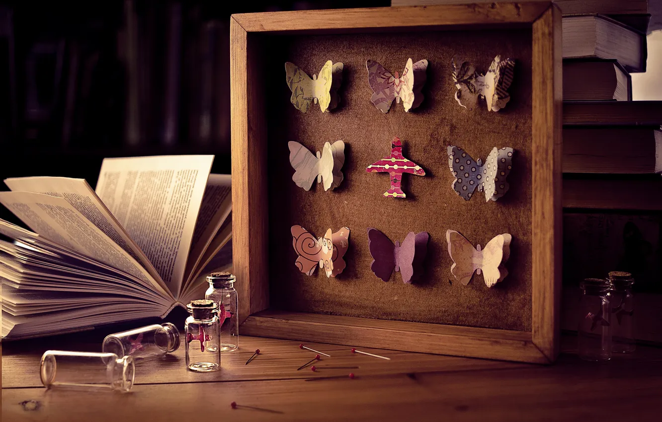 Фото обои бабочки, иголки, пузырьки, книги, рамка, бутылочки, булавки