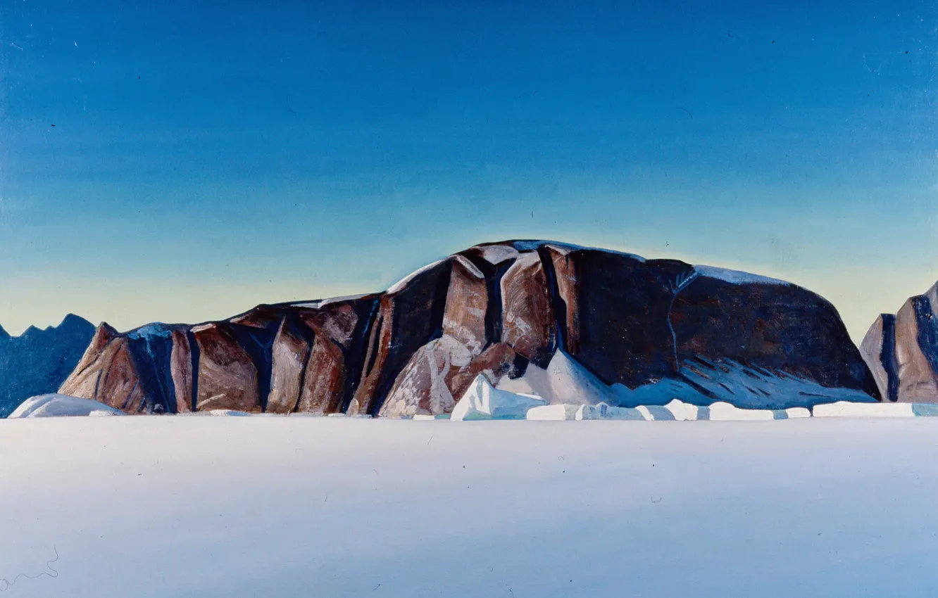 Фото обои снег, пейзаж, горы, природа, скалы, картина, Rockwell Kent, Рокуэлл Кент