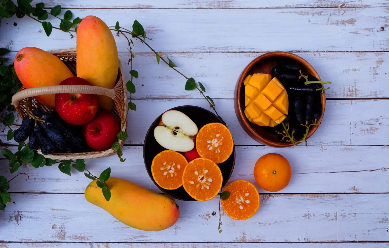 Фото обои яблоки, фрукты, fresh, wood, fruits, папайя, мандарины
