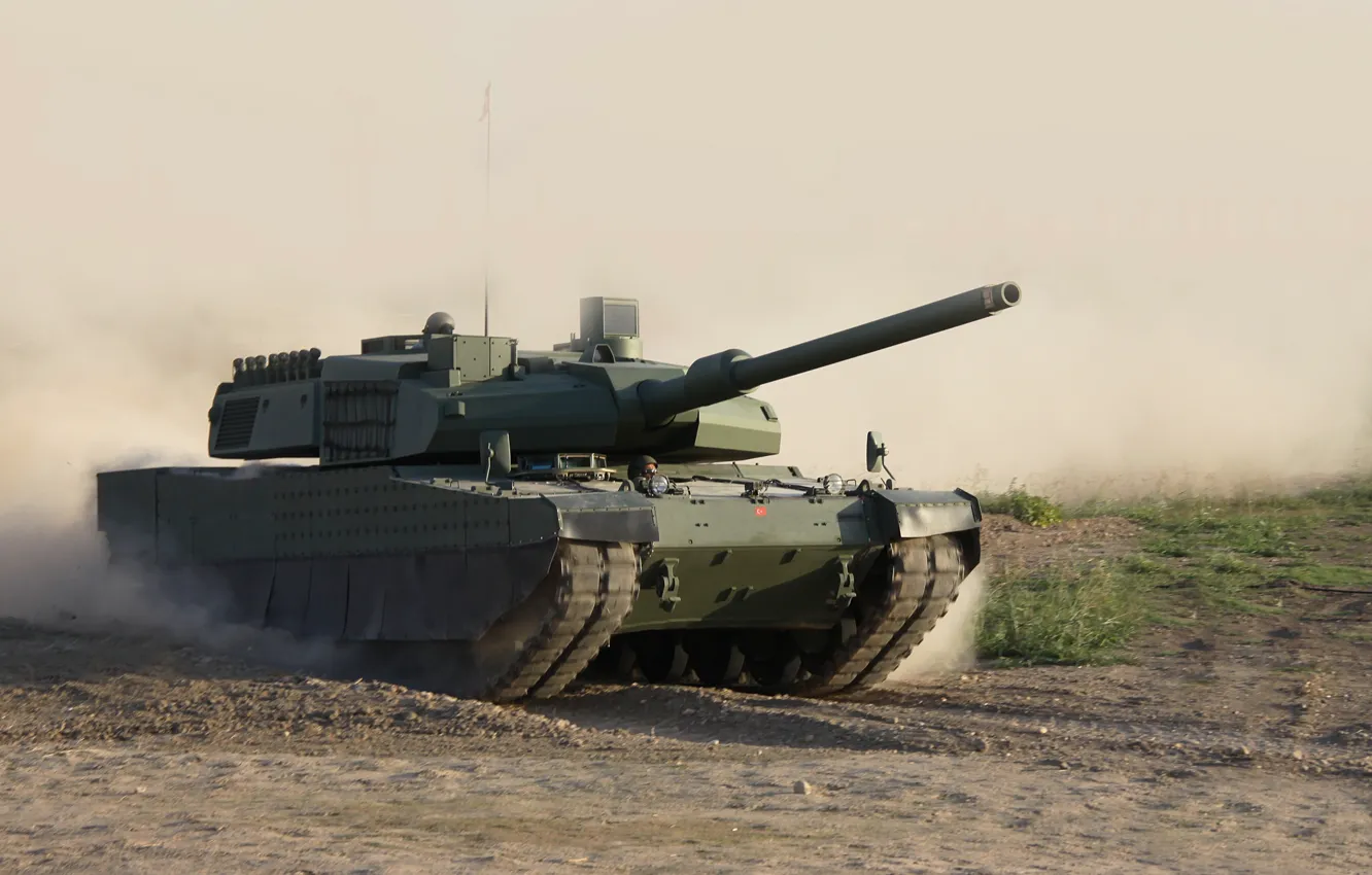Фото обои пыль, танк, боевой, едет, перспективный, основной, Altay, турецкий