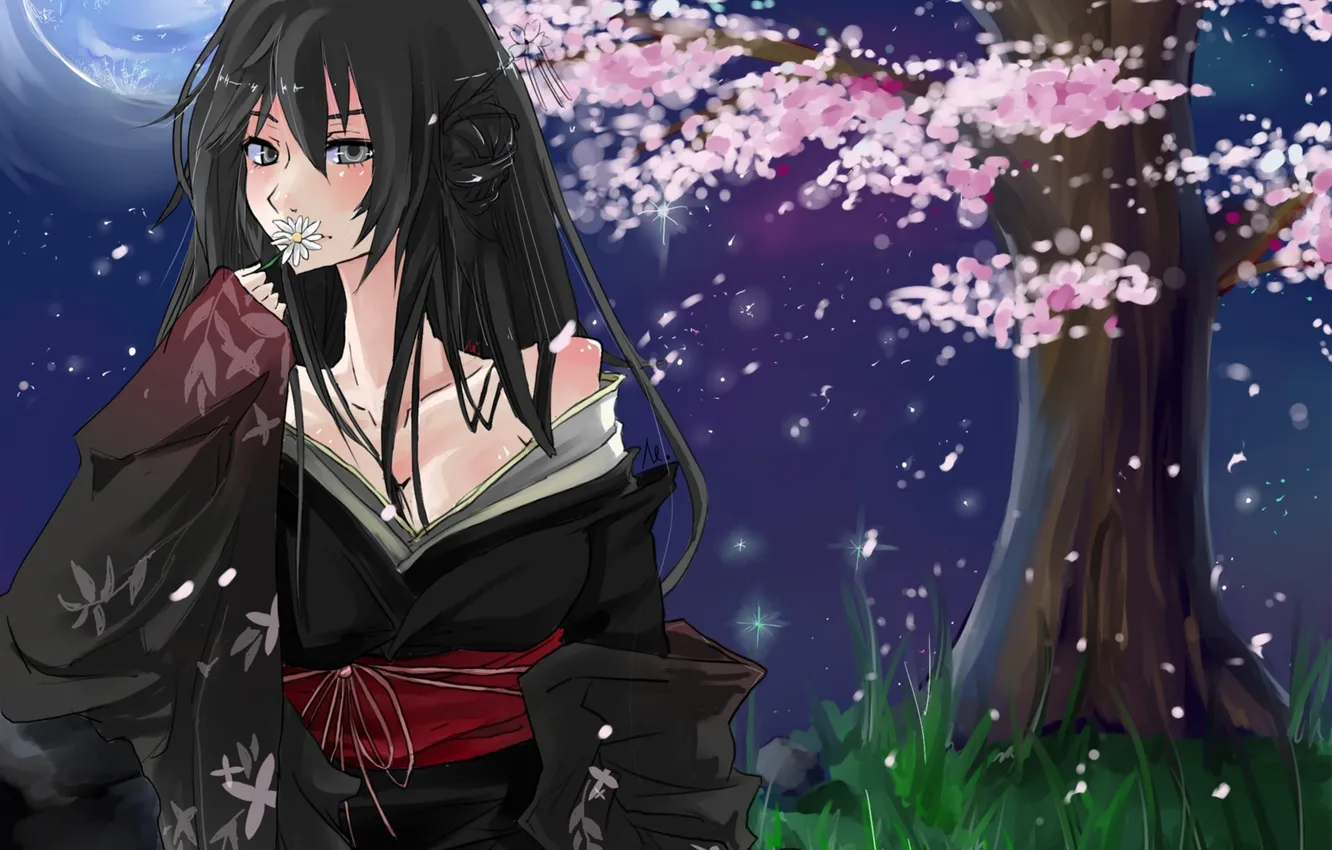 Фото обои цветок, девушка, ночь, луна, сакура, арт, кимоно, naru-luff