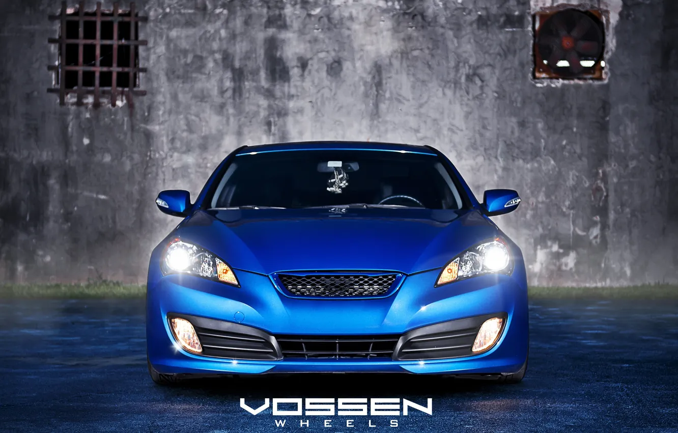Фото обои асфальт, синий, стена, Hyundai, blue, хёндай, Genesis, Vossen Wheels