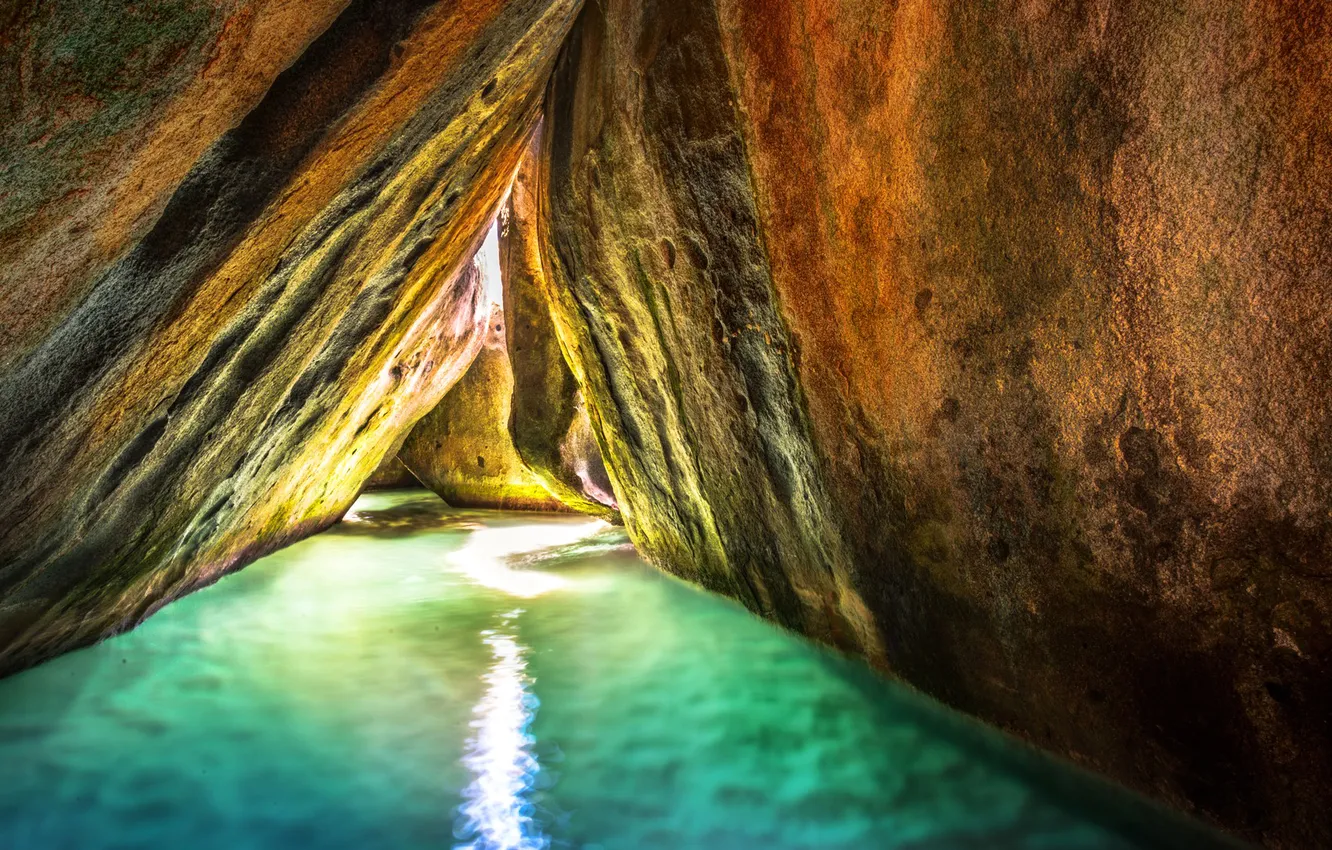 Фото обои вода, скала, hdr, пещера, грот