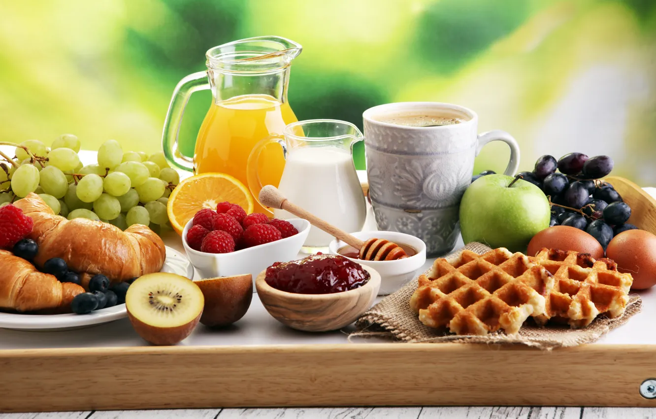 Фото обои еда, завтрак, сливки, сок, фрукты, мёд, вафли, джем