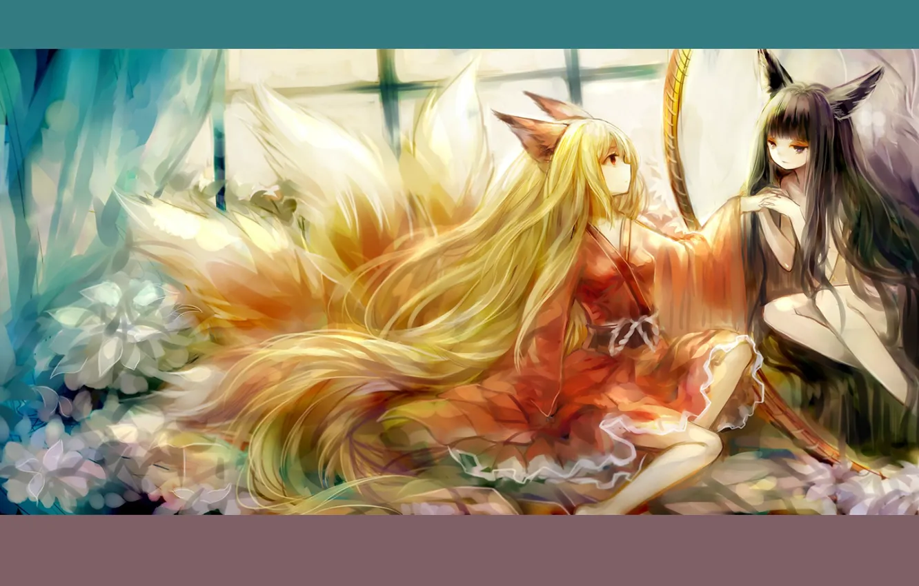 Фото обои окно, рыжая, кимоно, ушки, длинные волосы, подруги, девятихвостая лиса, fox girl