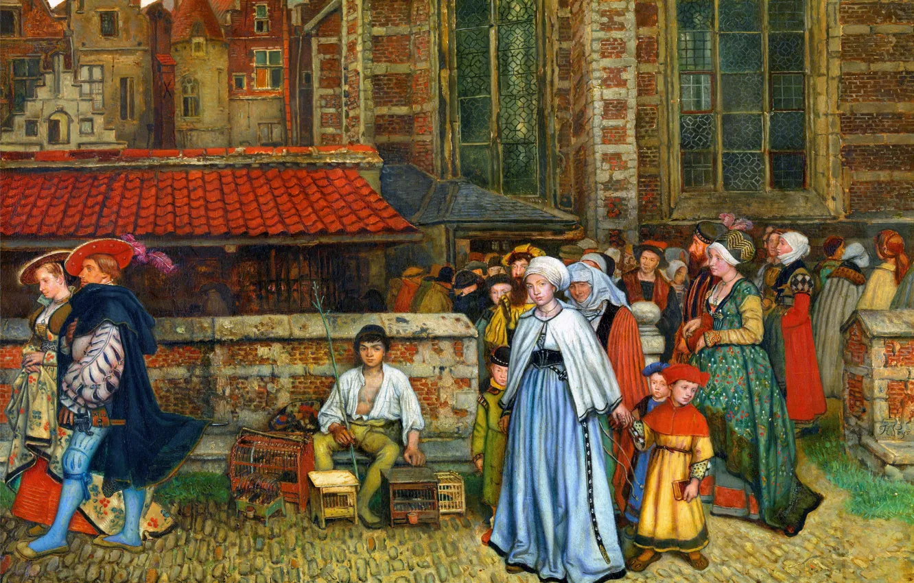 Фото обои Дома, Улица, Люди, Картина, Хендрик Лейс, Henri Leys, Бельгийский художник, Месса завершена