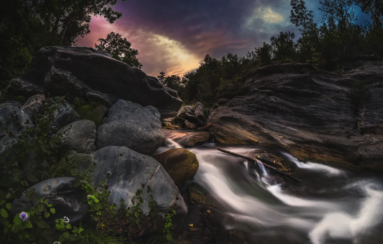 Фото обои пейзаж, закат, камни, водопад, обои от lolita777