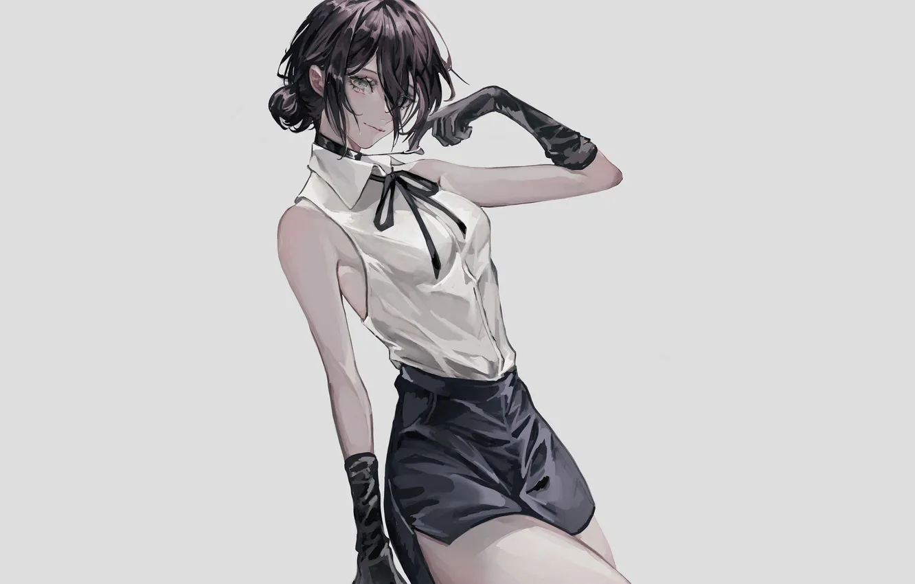 Фото обои minimalism, women, gloves, anime girls, white background, simple background, choker, Chainsaw Man