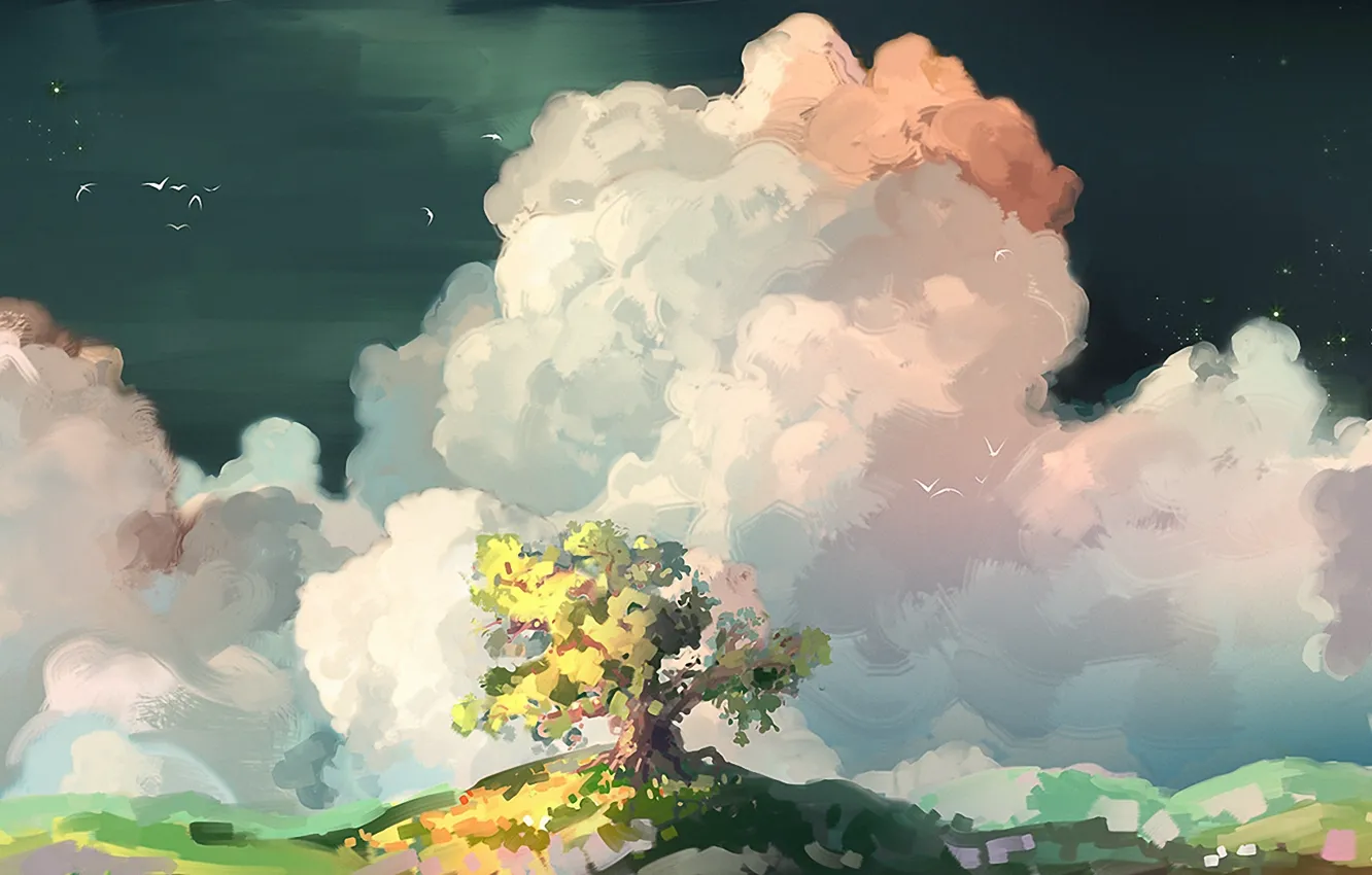 Фото обои облака, птицы, дерево, арт, нарисованный пейзаж