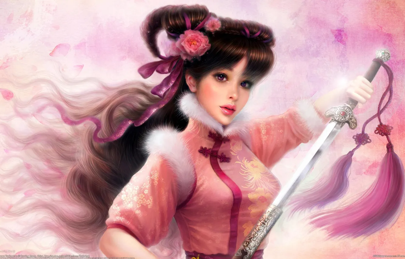 Фото обои девушка, цветы, меч, арт, мех, кисти, ruoxing zhang
