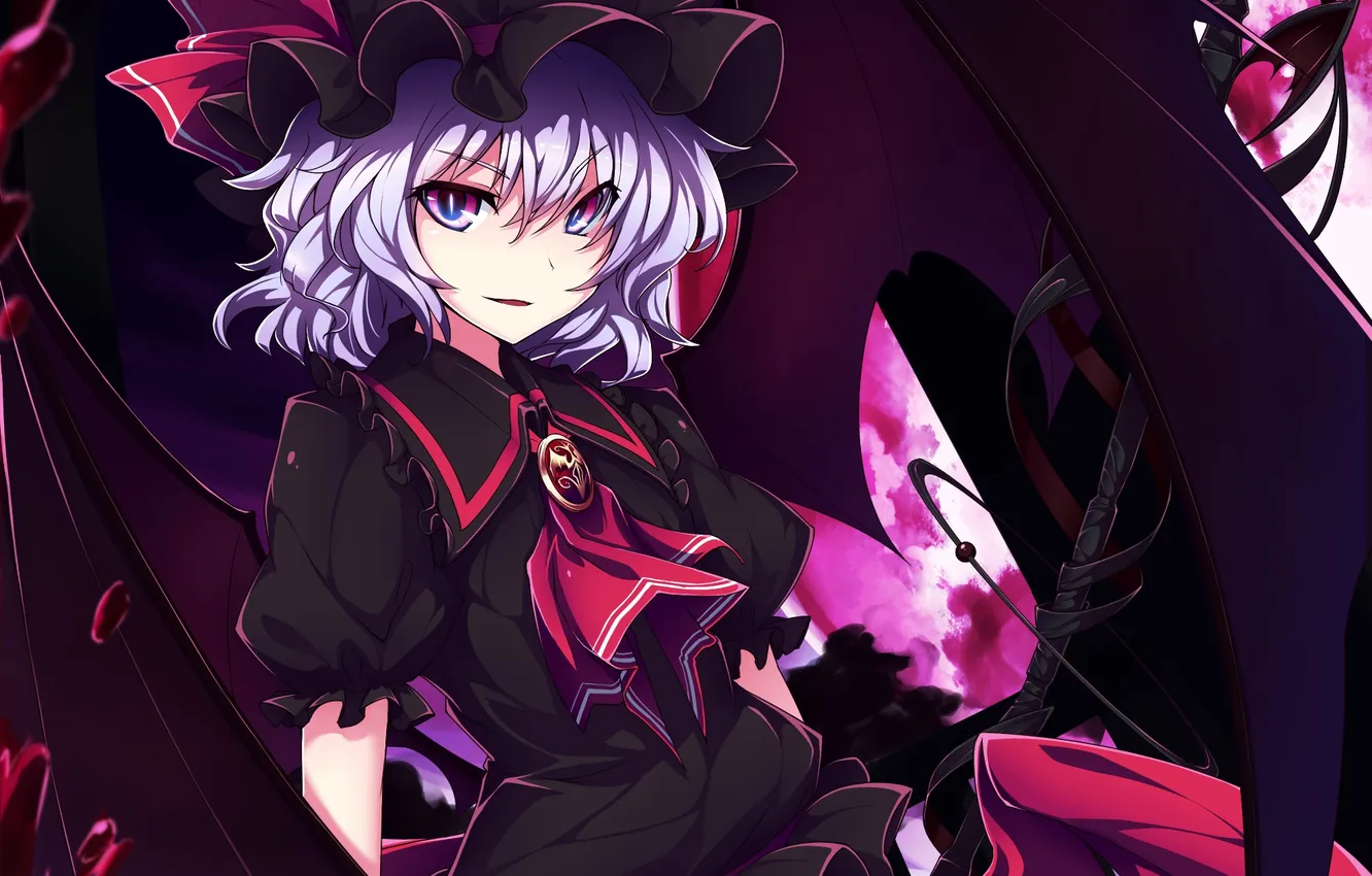 Фото обои взгляд, девушка, луна, кровь, крылья, демон, touhou, remilia scarlet