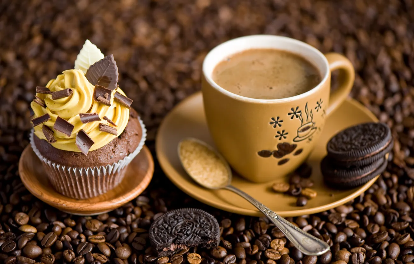 Фото обои кофе, шоколад, зерна, печенье, ложка, чашка, сладости, крем