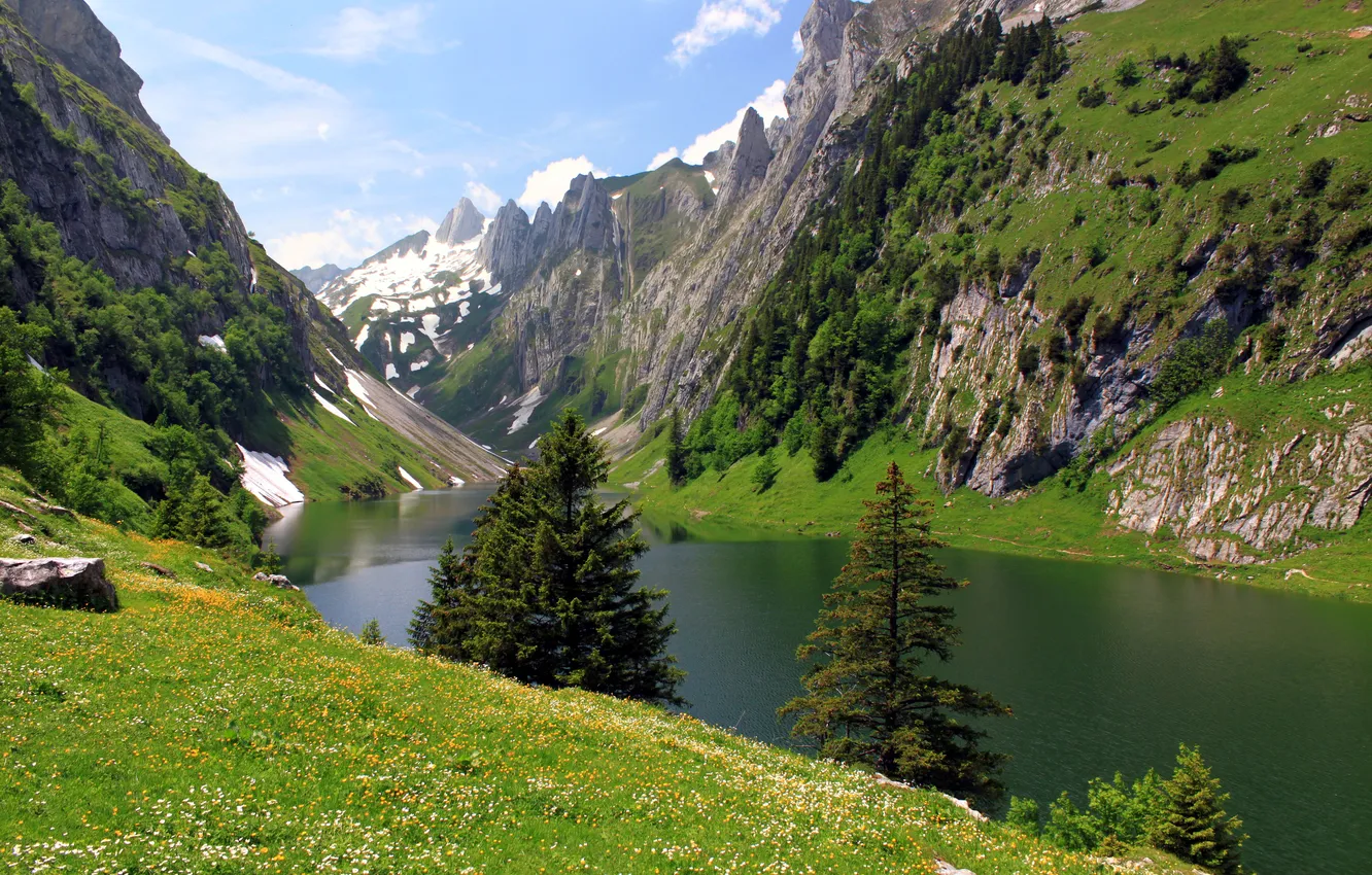 Фото обои деревья, горы, озеро, скалы, Швейцария, Fälensee