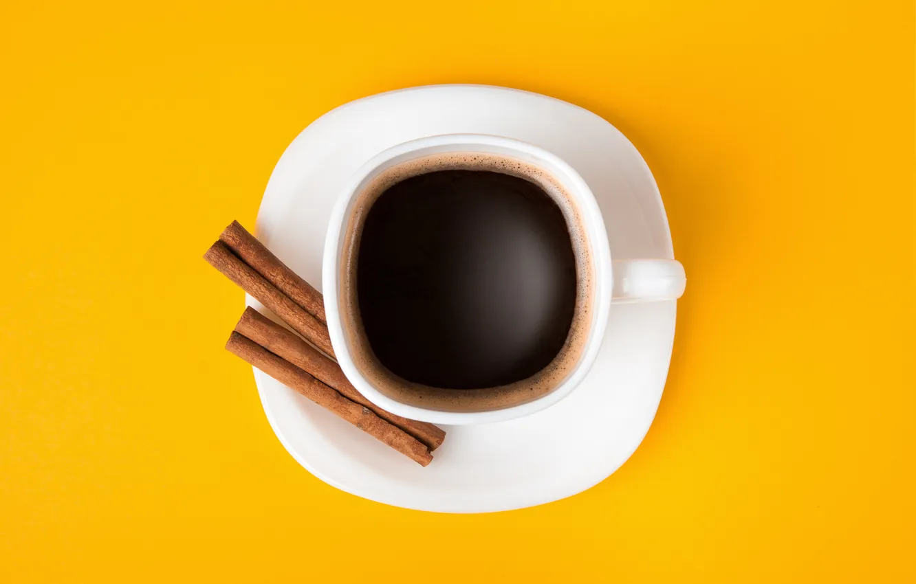 Фото обои plate, yellow, background, view, cup, coffee, top