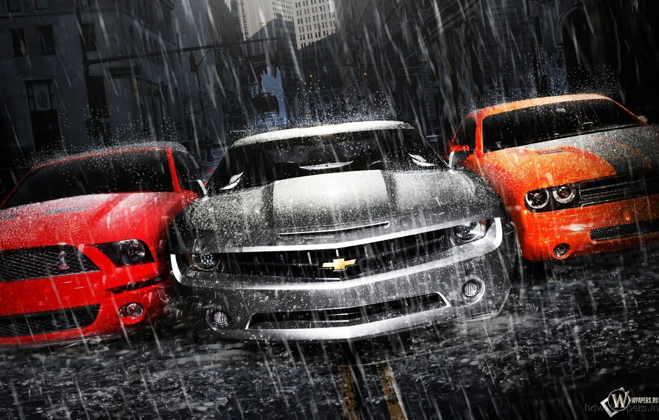 Фото обои Дождь, Асфальт, Ford Mustang, Dodge Challenger, Суперкар, Chevrolet Camaro