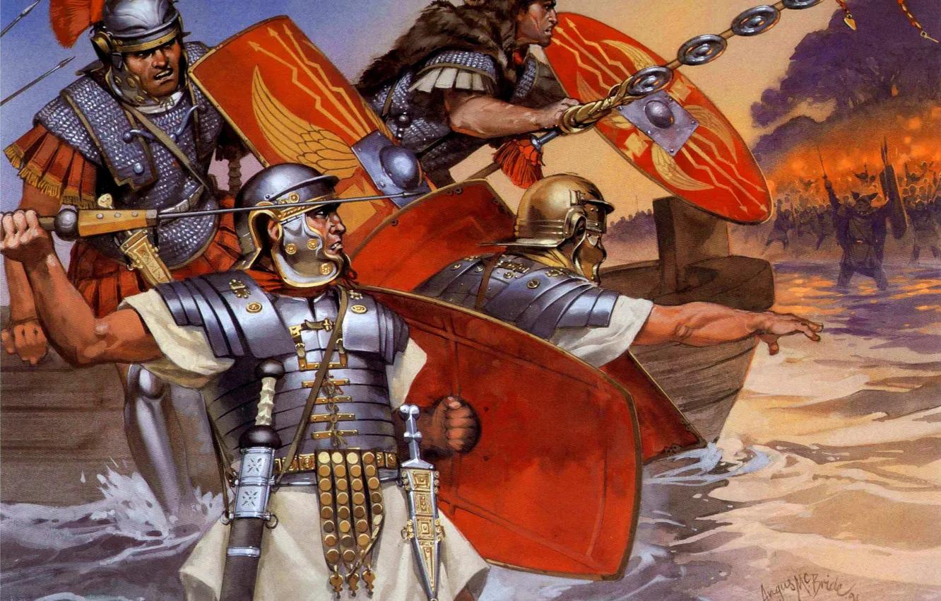 Фото обои Доспехи, Солдаты, Воины, Щит, Мужчины, Копьё, Римские легионеры, Древнеримская армия