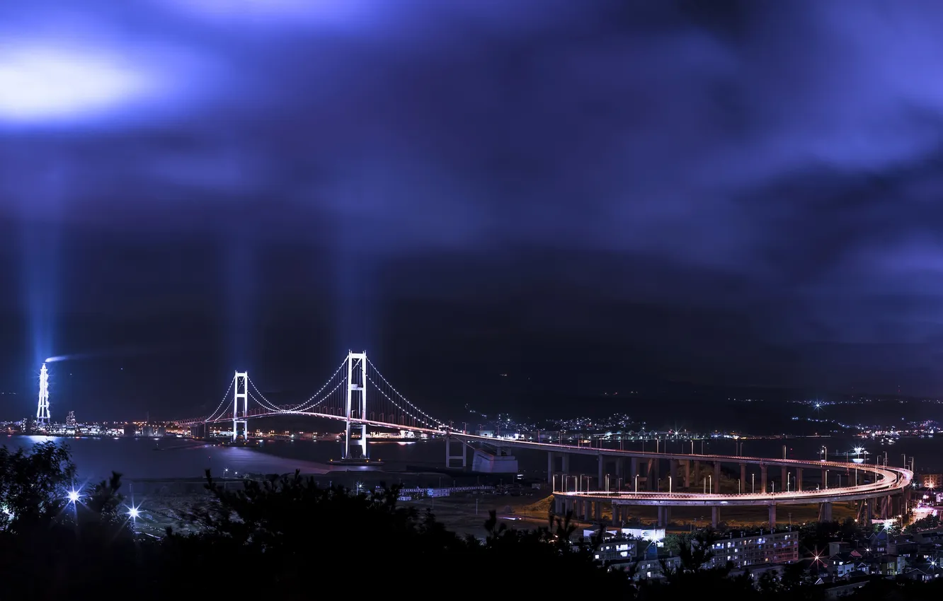 Фото обои Небо, Море, Мост, Япония, Japan, Красота, Сияние, Bridge