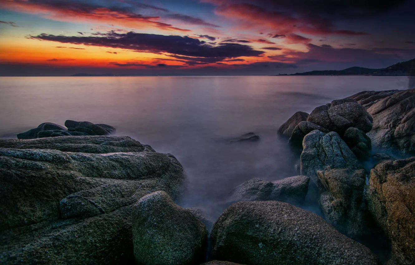 Фото обои море, горы, природа, рассвет